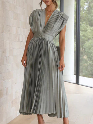 Sleeveless V Neck Pleated Maxi Dress