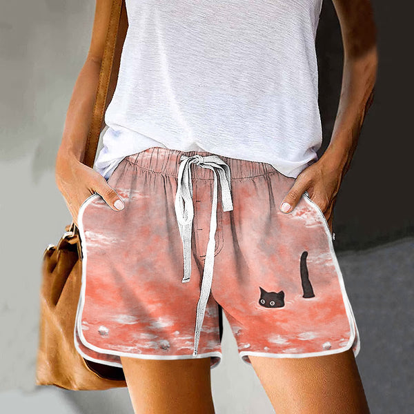 Women's Oil Painting Cat Print Drawstring Pocket Shorts