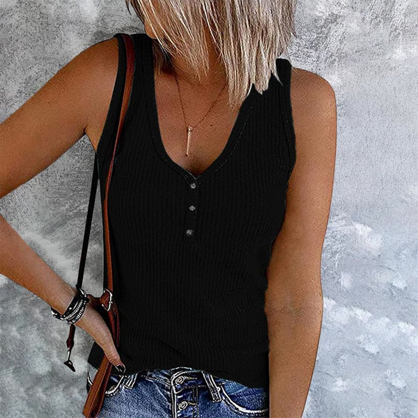 Casual Solid Color V-neck Button Tank Top