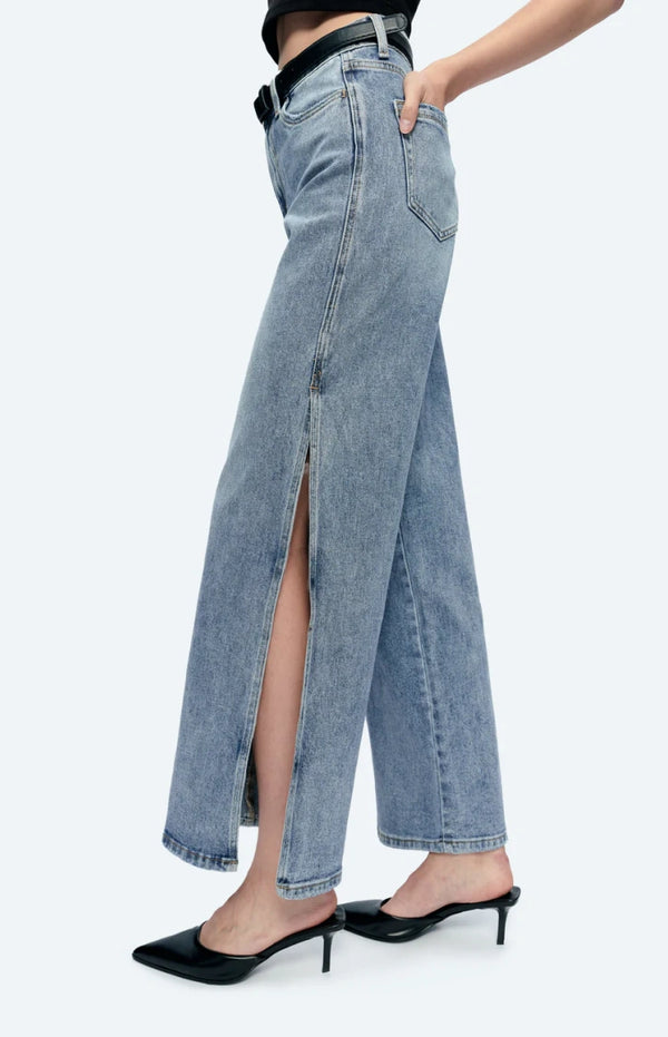 High Rise Stretch Wide Leg Side Slit Grinding Jeans