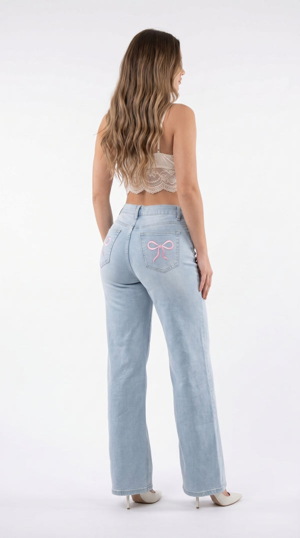 ONESO Women Mid Low Rise Wide Leg Baggy Jeans Light Wash Stretch Denim with Bow Back Pocket