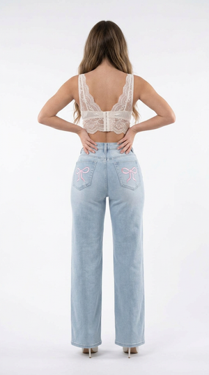 ONESO Women Mid Low Rise Wide Leg Baggy Jeans Light Wash Stretch Denim with Bow Back Pocket