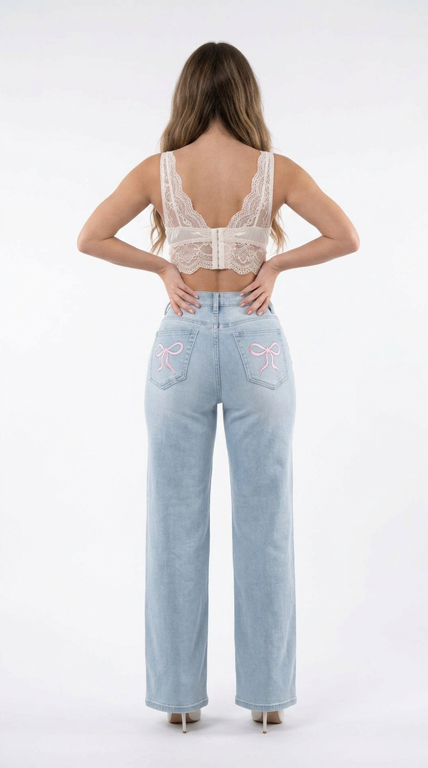 ONESO Women Mid Low Rise Wide Leg Baggy Jeans Light Wash Stretch Denim with Bow Back Pocket
