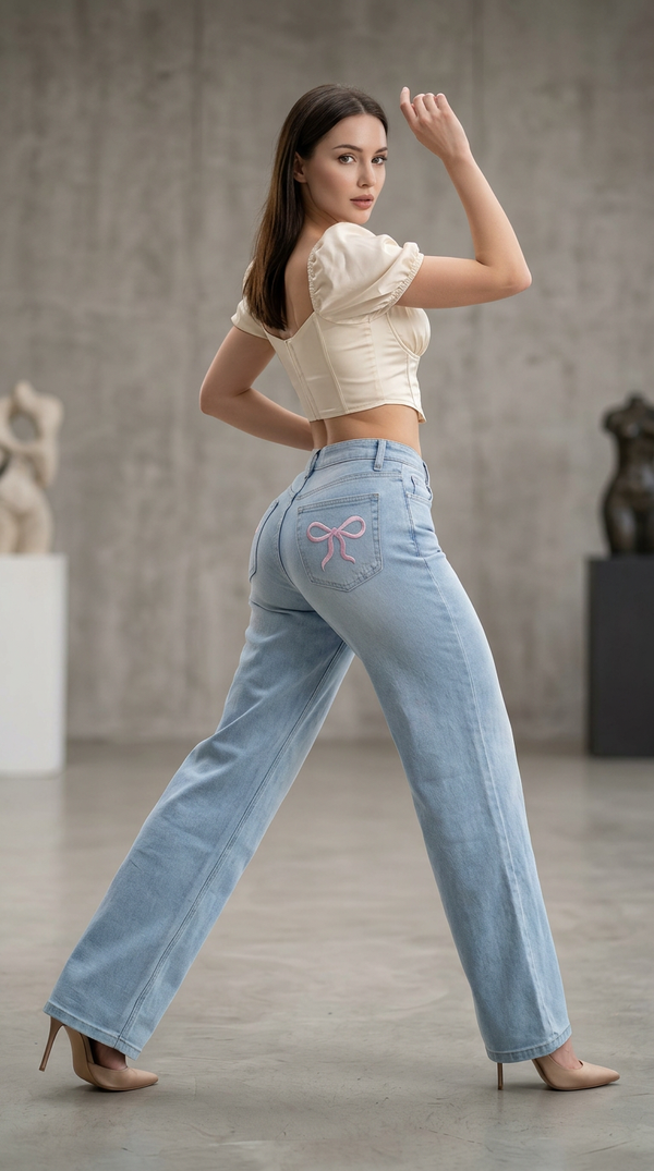 ONESO Women Mid Rise Pink Bow Embroidered Jeans