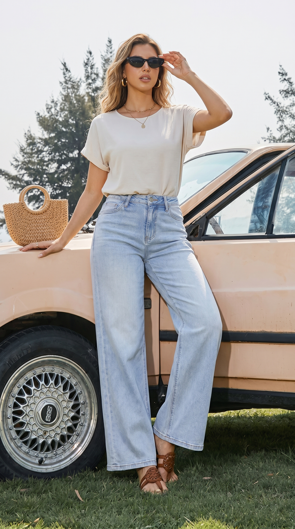 ONESO Mid-Low Rise Baggy Jeans Wide Leg for Women Distressed Pants Stretchy Bottom Lady Basic Comfortable Denim