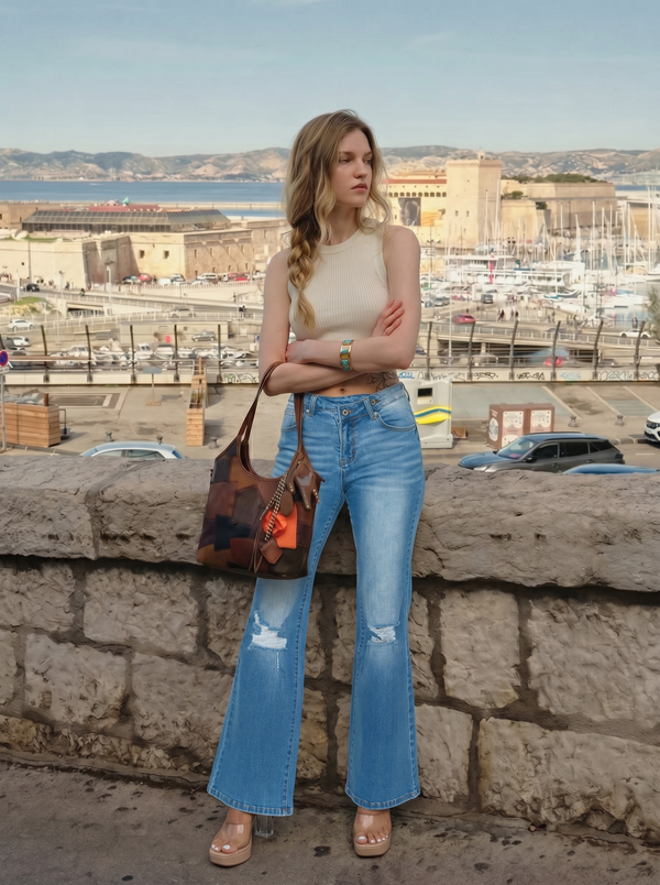 CANANA Stretchy High Rise Crossover Tapered Ripped Bootcut Jeans for Women Flare Leg Plus Size