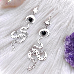 Silver Snake Moon Earrings