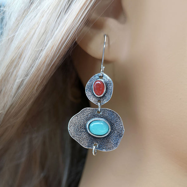 Bohemian mint chalcedony and artificial coral earrings