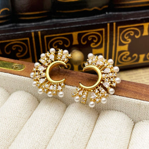 Vintage Gold Half-moon Pearl stud earrings