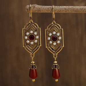 Vintage Red Crystal Pearl Gold Earrings