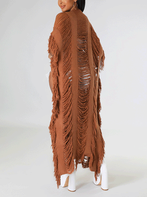 Knitted Tassels Ripped Long Cardigan