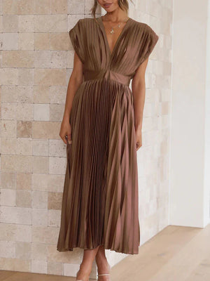 Sleeveless V Neck Pleated Maxi Dress