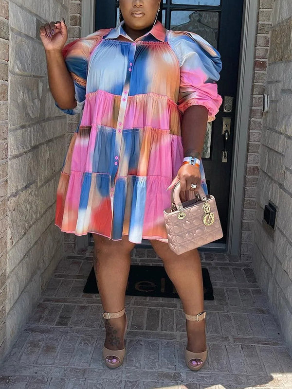 Tie Dye Ruffled Shirt Dress