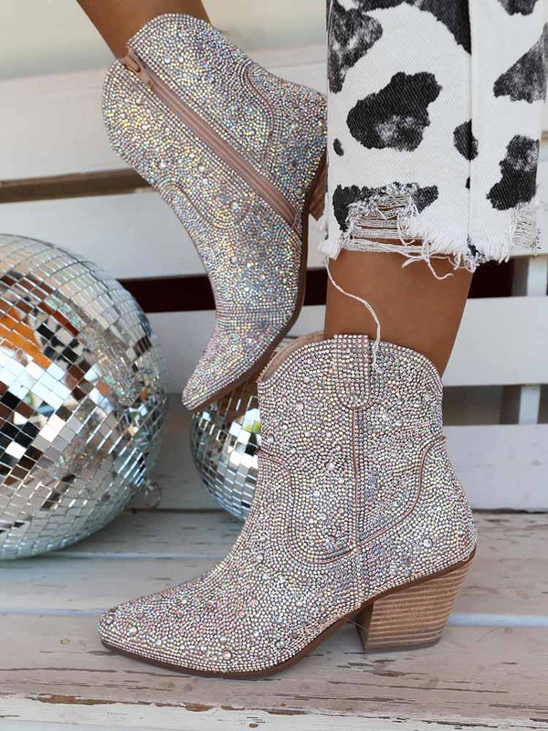 Rhinestone Decor Chunky Heel Boots