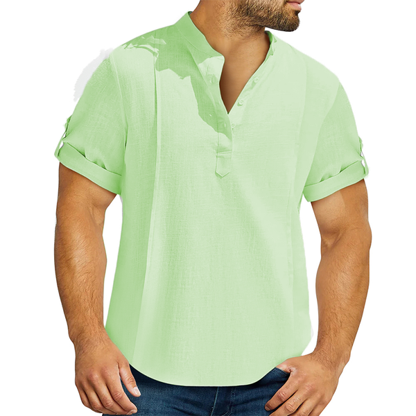 Men's Linen Cotton Henley Shirt Casual Shirt Short Sleeve T-shirt