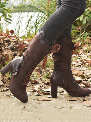 Chunky Heel Lace Up Mid Calf Boot