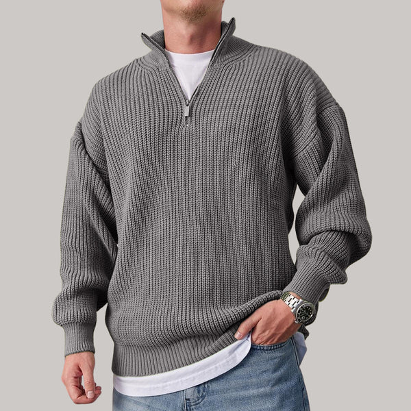 Men's Casual Loose Zipper Stand Collar Solid Color Sweater