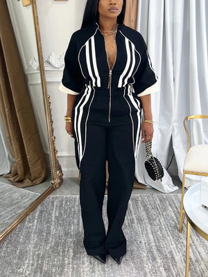 3/4 Sleeves Zip-Up Striped Jumpsuit