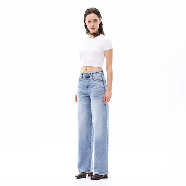 ONESO Women BBL High Rise Raw Hem Baggy Jeans High Stretchy Wide Leg Tummy Denim Pants