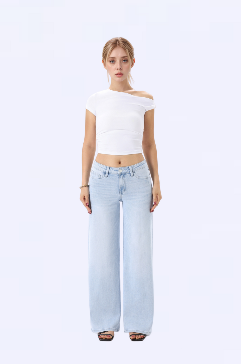 ONESO Mid-Low Rise Baggy Jeans Wide Leg for Women Distressed Pants Stretchy Bottom Lady Basic Comfortable Denim