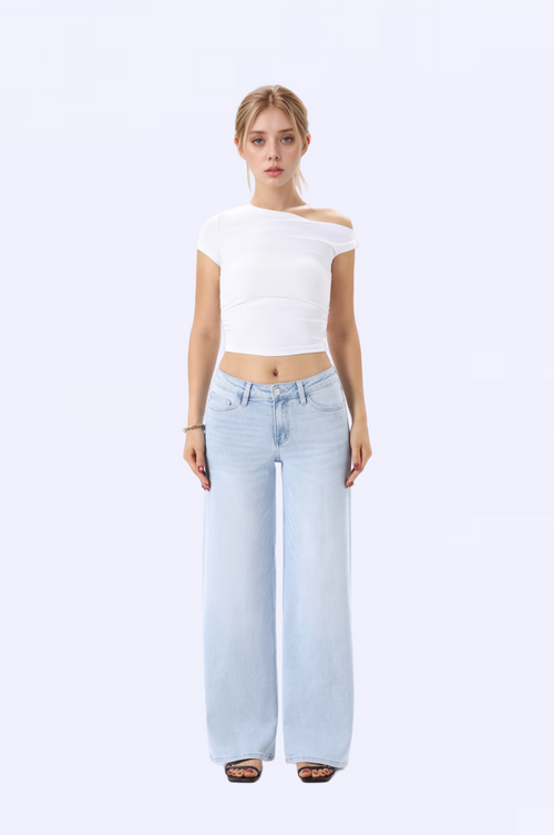 ONESO Mid-Low Rise Baggy Jeans Wide Leg for Women Distressed Pants Stretchy Bottom Lady Basic Comfortable Denim