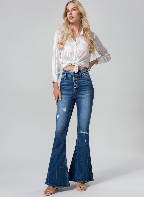 ONESO Ultra High Waisted Distressed Flare Jeans