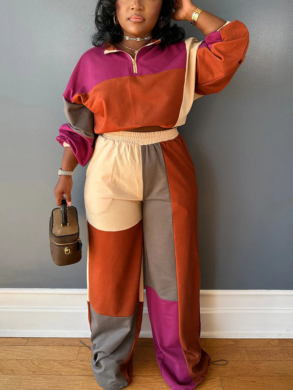 Colorblock Half-Zip Top & Wide Pants Set