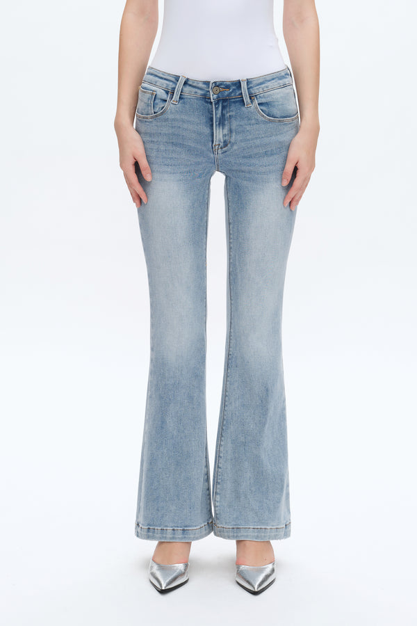 Women Mid Waisted Stretch Flare Jeans With Clean Hem BYF1023