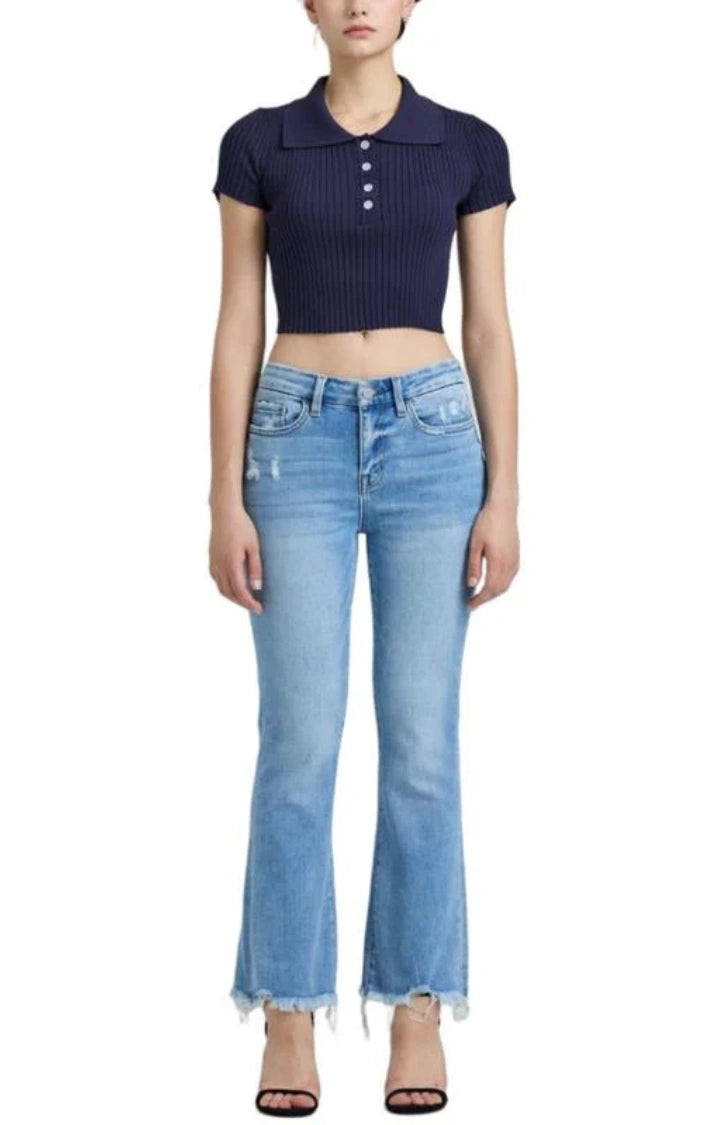 Low Waist Crop Flare Jeans Raw Edge