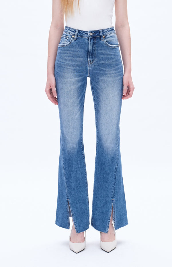 ONESO High Rise Stretch Flare Distressed Front Slit Jeans