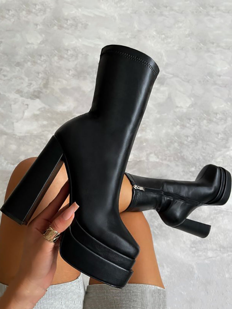 PU Chunky High Heel Ankle Boots