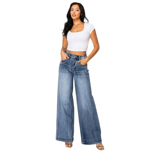 Women High Rise Stretch Straight Leg Baggy Jeans SH25F012