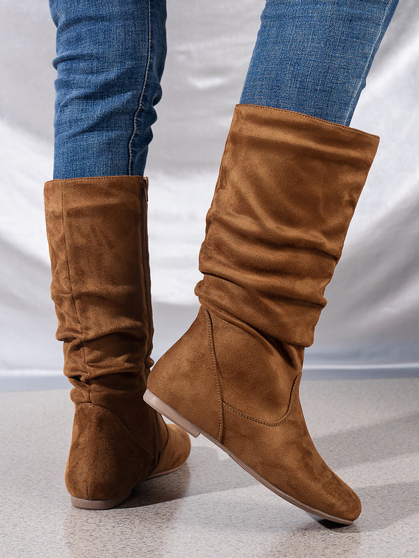 Mid-Calf Side Zipper Ruched Flat Boots