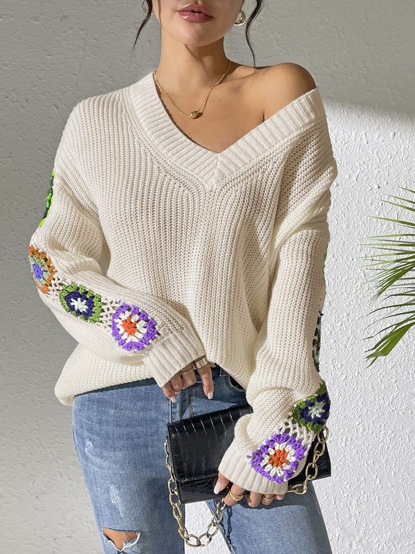 Patchwork V-neck Pullover Sweater