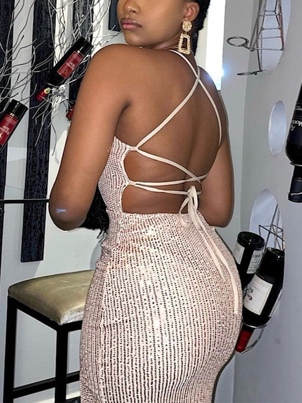 Sequin Backless High Slit Dress