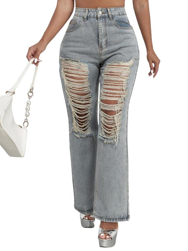 High Waisted Straight Leg Ripped Hole Baggy Denim Pants B241DE0013