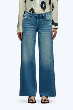 ONESO Mid-Low Rise Baggy Jeans Wide Leg for Women Distressed Pants Stretchy Bottom Lady Basic Comfortable