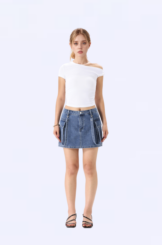 ONESO Mid Waist Denim Mini Skirt for Women with Utility Pockets and Strap Detail Y2K Streetwear Style Summer Outfit