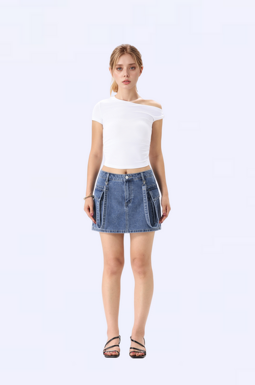 ONESO Mid Waist Denim Mini Skirt for Women with Utility Pockets and Strap Detail Y2K Streetwear Style Summer Outfit