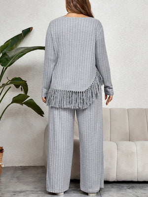 Fringed Long Sleeve Top Loose Wide Leg Pants Set