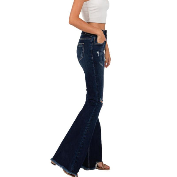 Mid Rise Distressed Flared Jeans with Wide Legand GP3002D