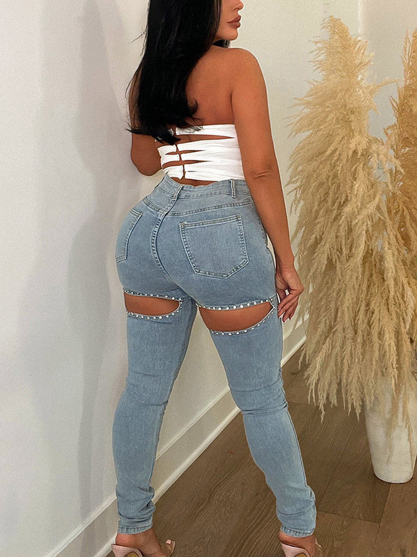 Cut Out Rhinestone Decor Jeans