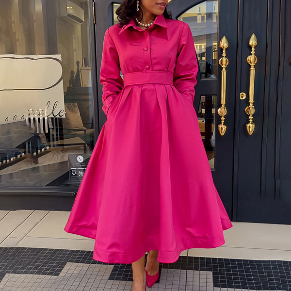 Solid Colour Lapel Long Sleeve A-line Dress