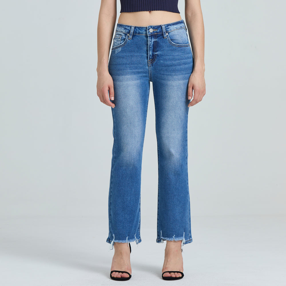 Raw Edge High Waist Straight Leg Jeans