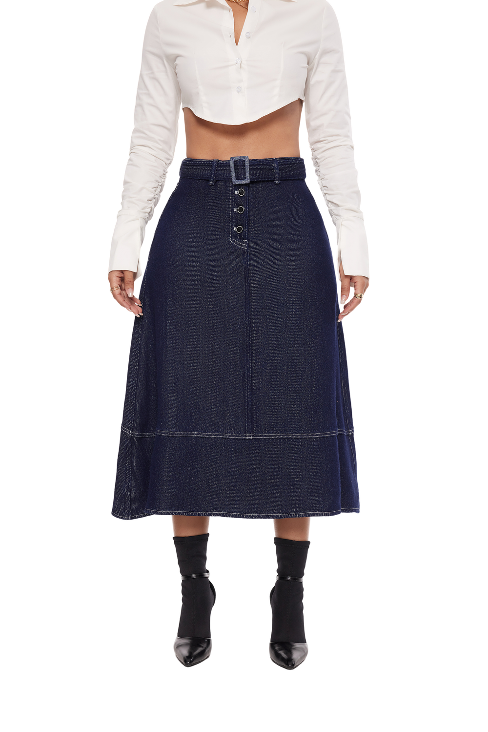 Indigo Elegance Belted A-Line Skirt