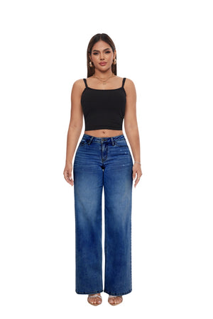 ONESO Mid-Low Rise Baggy Jeans Wide Leg for Women Distressed Pants Stretchy Bottom Lady Basic Comfortable Denim