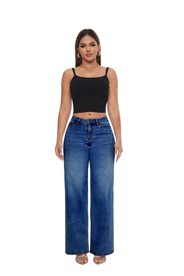 ONESO Mid-Low Rise Baggy Jeans Wide Leg for Women Distressed Pants Stretchy Bottom Lady Basic Comfortable Denim