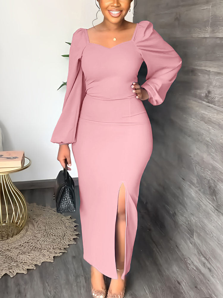 Lantern Sleeve Slit Dress