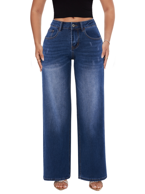 SHAPUM Shaping Wide Leg Baggy Jeans for Women Stretchy Mid Low Waist Butts Lifting Cute Jeans Trendy BBL Distressed Jeans