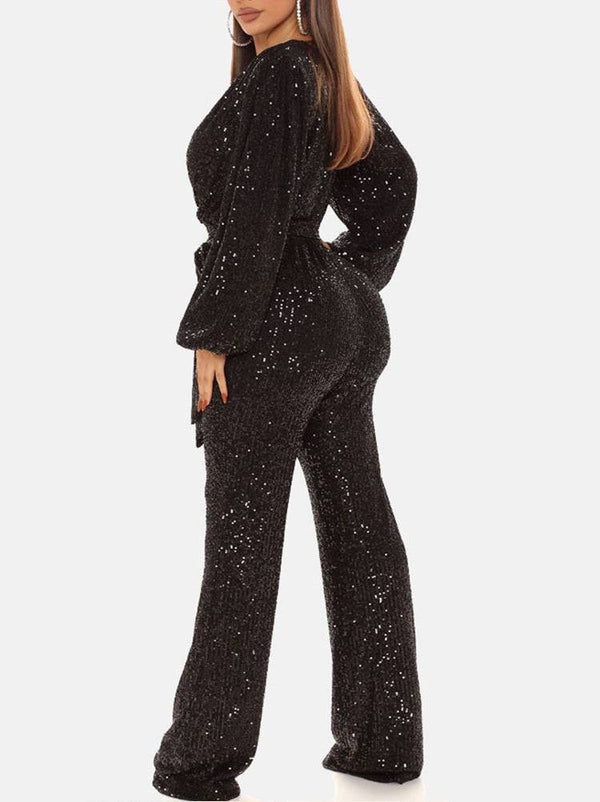 Sequin Long Sleeve V Neck Jumpsuit